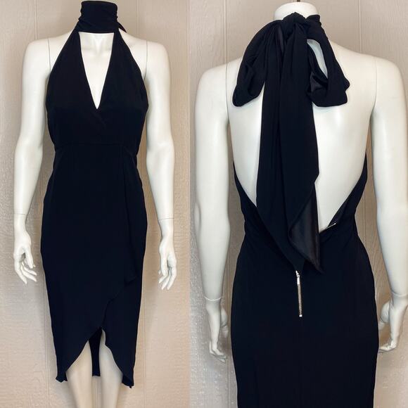 BEC & BRIDGE 'Light The Sky' Black Chiffon Halter Bow Midi Dress US 2 NWT $315 - Picture 1 of 11